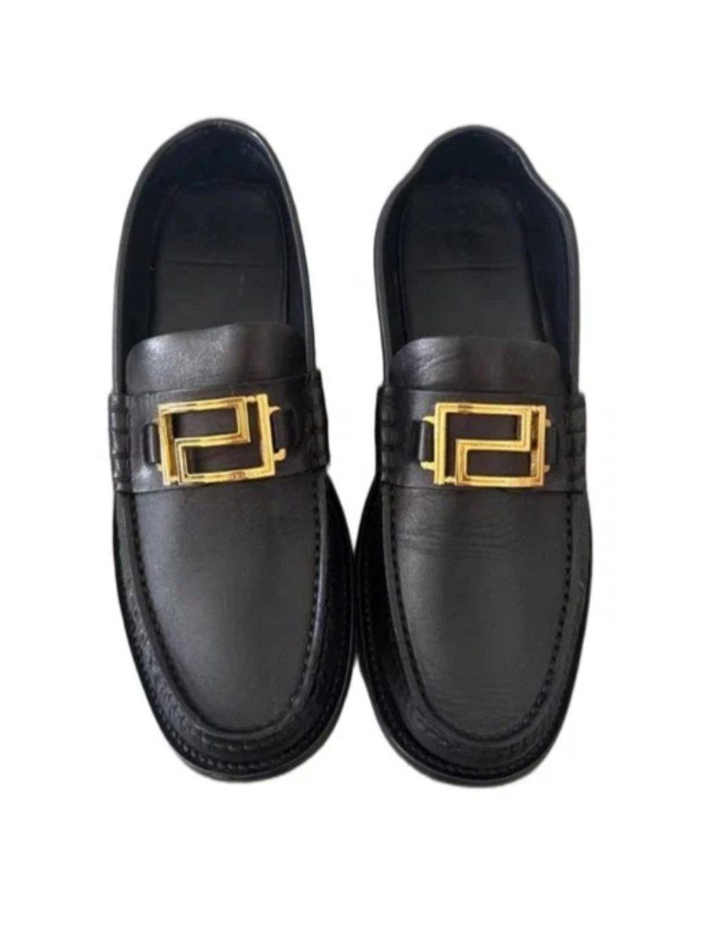 Versace Black Leather Loafers with Gold Geometric Buckle